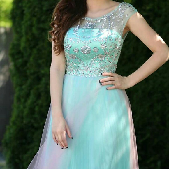 Long teal and pink prom/pageant dress