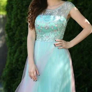 Long teal and pink prom/pageant dress