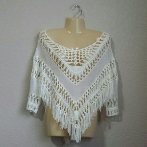 Firm Price. NWT! White Crochet Poncho Fringe Top