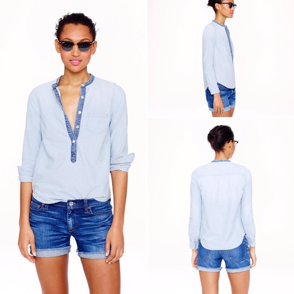 J. Crew Tops - NWOT J.Crew Collarless Colorblock Chambray Shirt