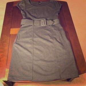 Dark gray dress with belted waist and pockets