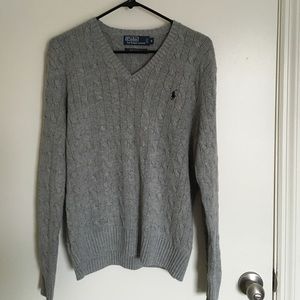 Men's Polo Cabled Tussah Silk V-Neck Sweater