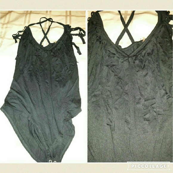 Black fringe bodysuit top. Large.
