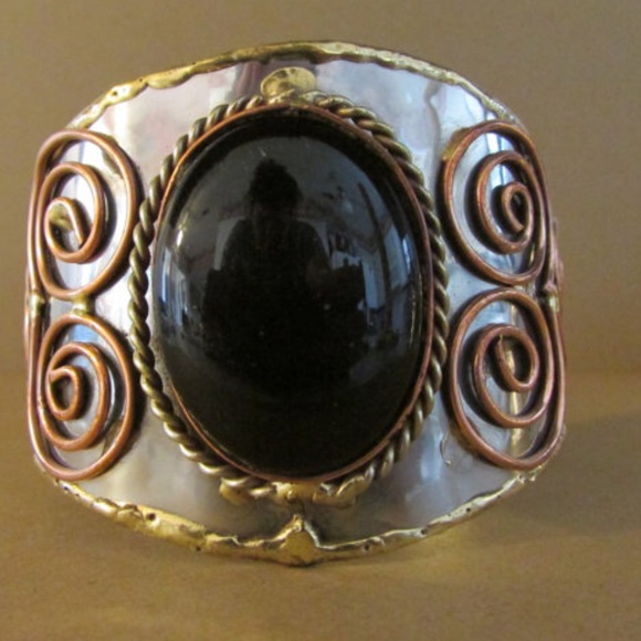 Black Stone Silver and Gold Tone Cuff Bracelet