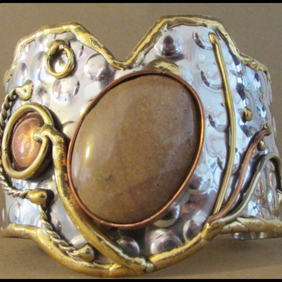 Chocolate Brown Stone Hammered Cuff Bracelet