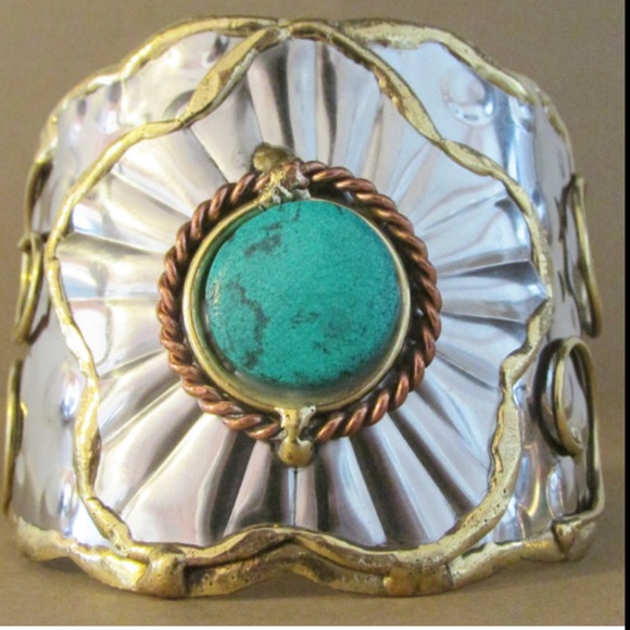Turquoise  Flower Hammered Cuff Bracelet
