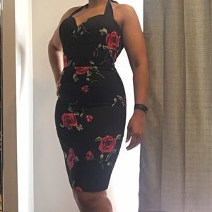Black/Rose print pinup wiggle dress