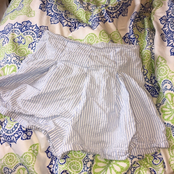 light blue and white stripe and pleated shorts