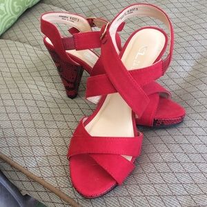 Red suede with red and black snakeskin 3 1/2 heels