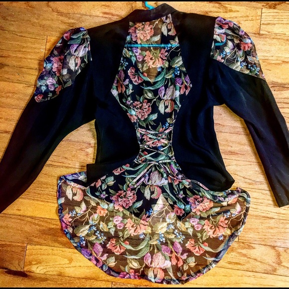 Dress Blouse Black Rayon & Floral Silk GORGEOUS!