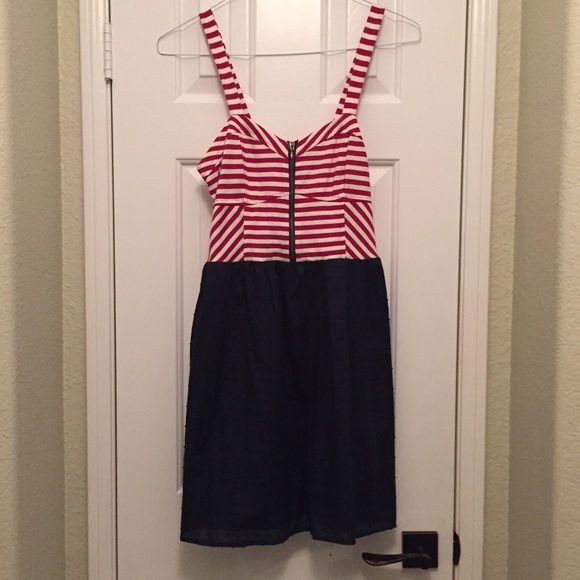 Patriotic red white and blue dress.