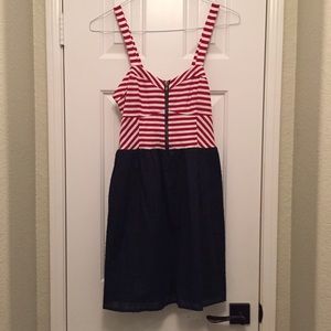 Patriotic red white and blue dress.