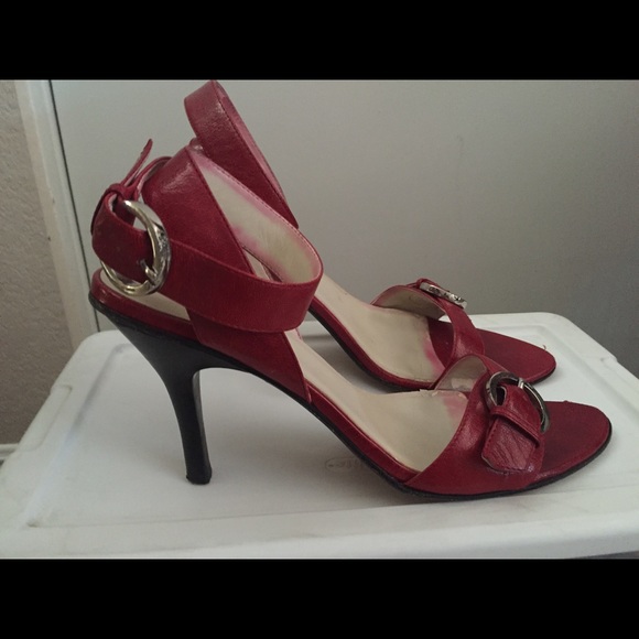 Joan & David ankle wrap heels, ruby red