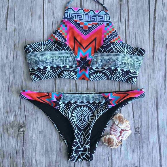 Halter crop top hang high neck bathing suit