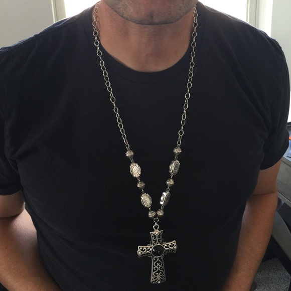men's silver long cross necklace - gorgeous
