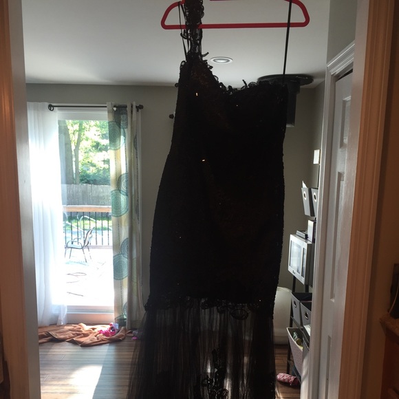 One shoulder black evening gown