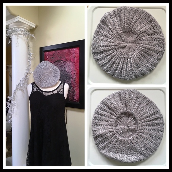METALLIC SPARKLE SILVER GREY BERET BEANIE HAT A2C - Picture 4 of 8