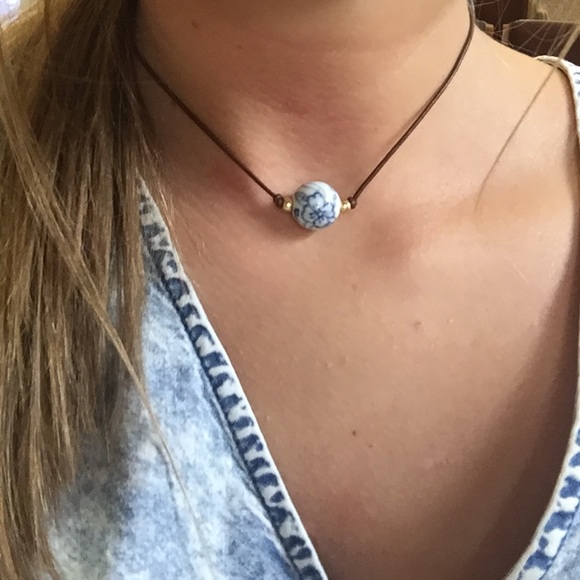 Jewelry - Blue and white oriental choker on brown cord