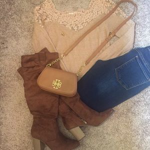 Tan Sweater with Lace Around Neck