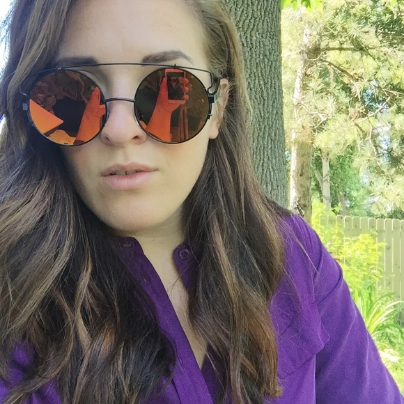 Red Black Mirrored Wire Round Brow Bar Sunglasses - Picture 4 of 4