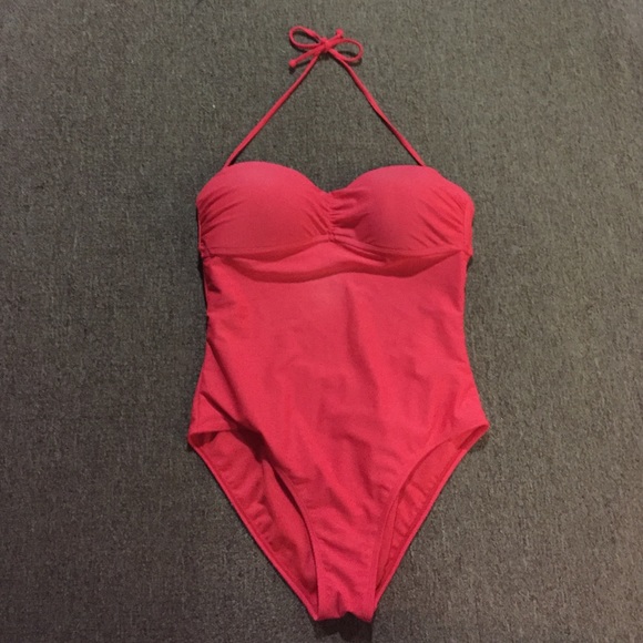 Coral pink one piece halter bathing suit