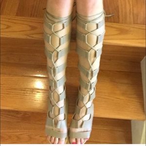 Taupe knee high gladiator shoes