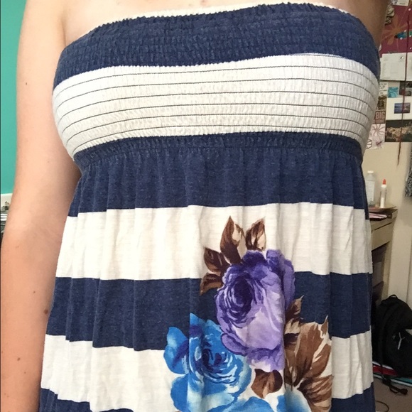 Strapless Navy and white stripe with florals dress - Picture 1 of 3