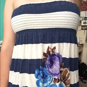 Strapless Navy and white stripe with florals dress