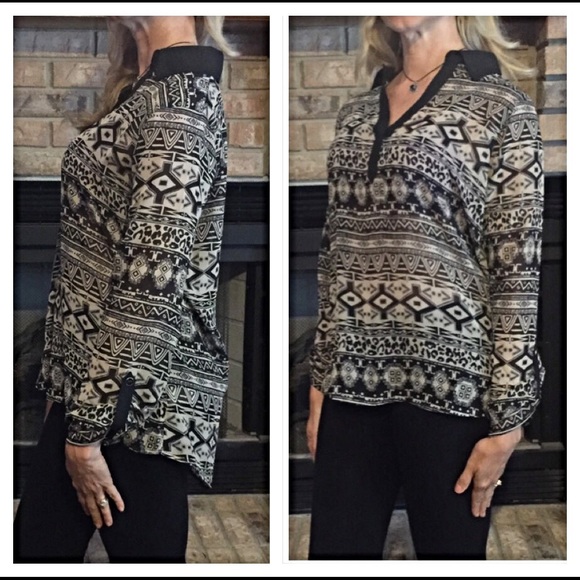Tribal Taupe V-Neck Blouse Top S M sold out of L - Picture 4 of 4