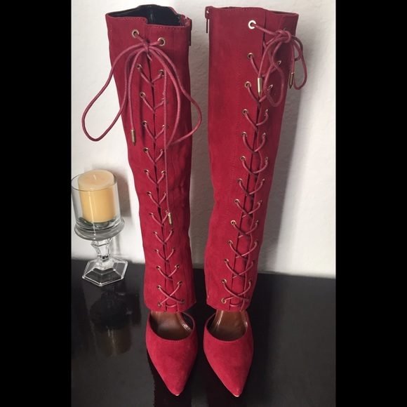Wine Red Pointed Toe Lace-Up Boots