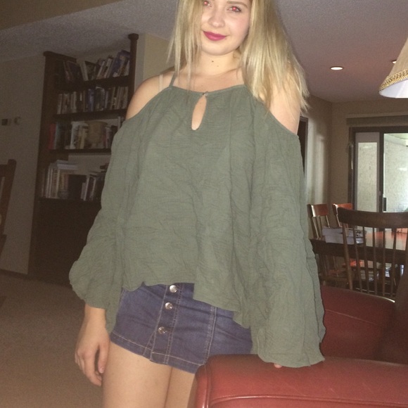 Cold shoulder bell sleeve olive green shirt