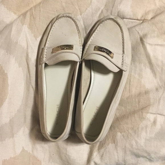 White suede coach loafers