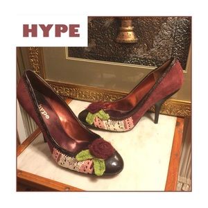 SZ 11 B-HYPE BURGUNDY SUEDE/LACE ACCENT 4" PUMPS