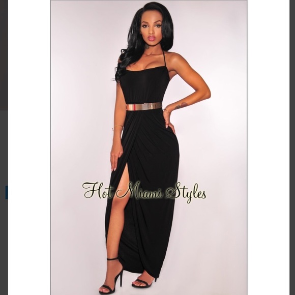 Black Gold Belted Maxi Dress