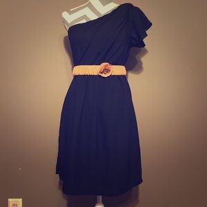 Navy one shoulder party dress w belt