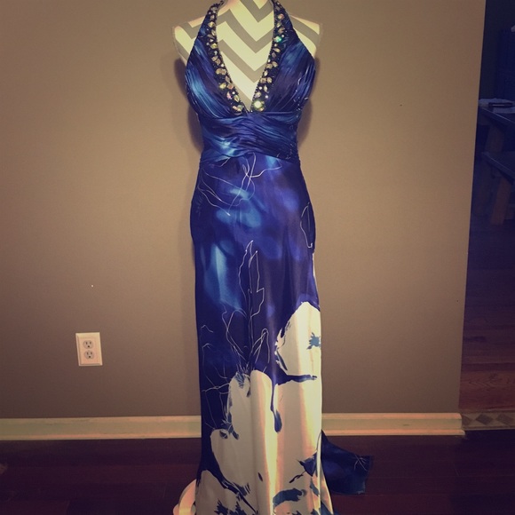 Blue and white floral print formal dress