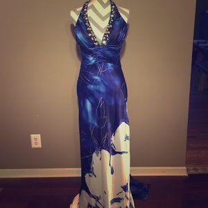 Blue and white floral print formal dress