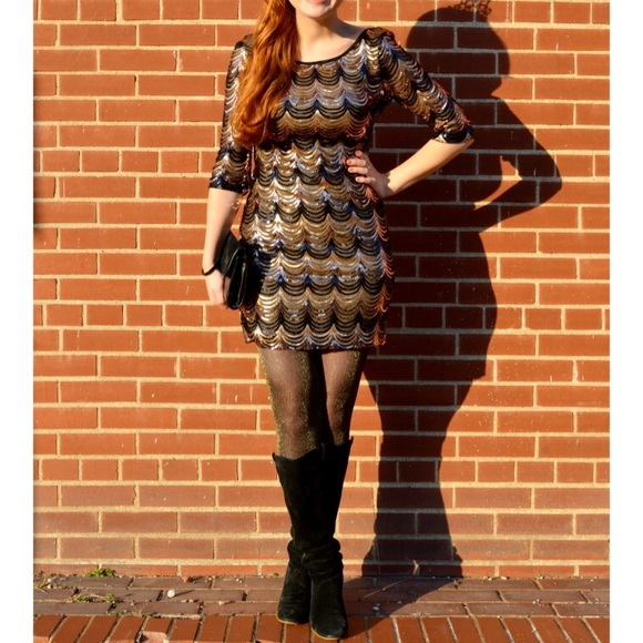 NWT black & gold scallop sequin dress