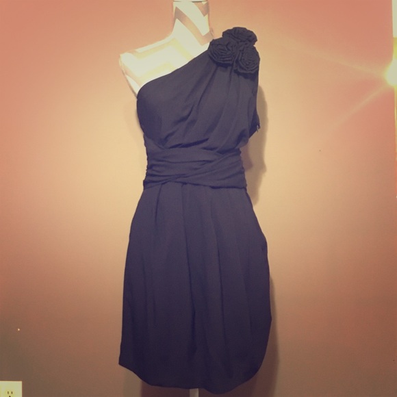 Navy one shoulder dress with rosette detail