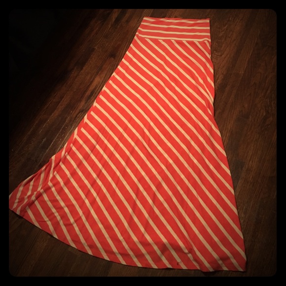 Coral and white striped maxi skirt