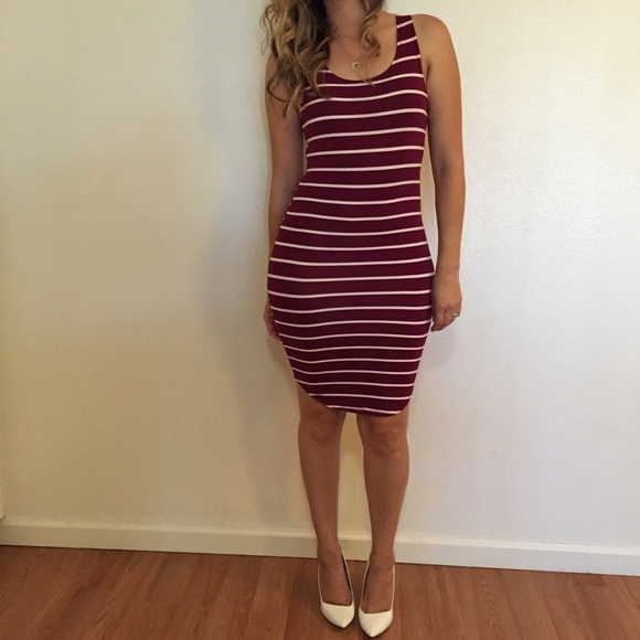 Burgundy Striped Curved Hem Tank Dress - Picture 2 of 3