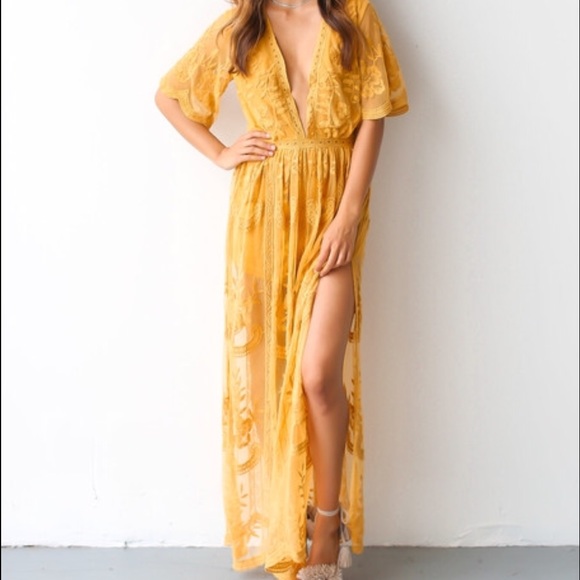 Mustard lace romper maxi dress