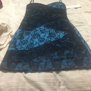 Blue and black lace strapless dress