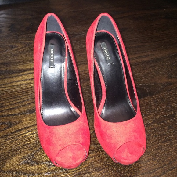 Red suede high heels worn once