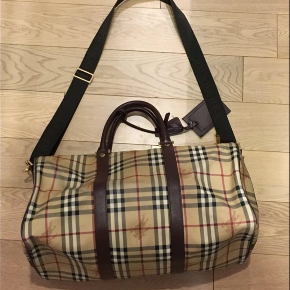 Burberry signature check travel leather duffel bag