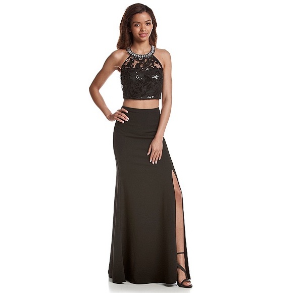 Black sequin two piece halter dress