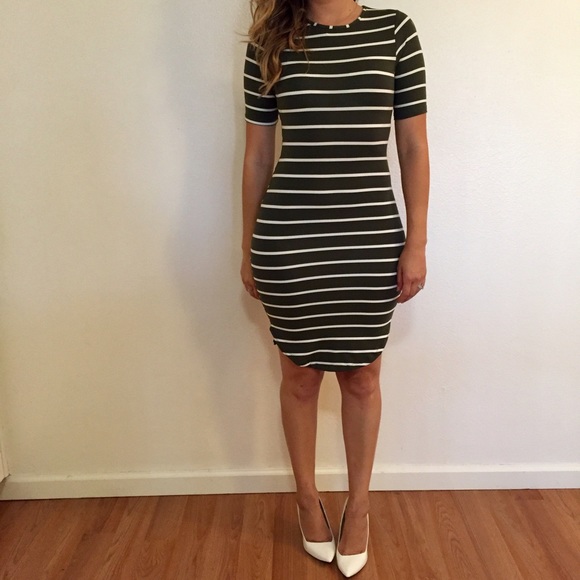 *RESTOCKED• Olive Striped Curved Hem Midi Dress - Picture 2 of 4