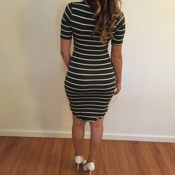 *RESTOCKED• Olive Striped Curved Hem Midi Dress - Picture 4 of 4