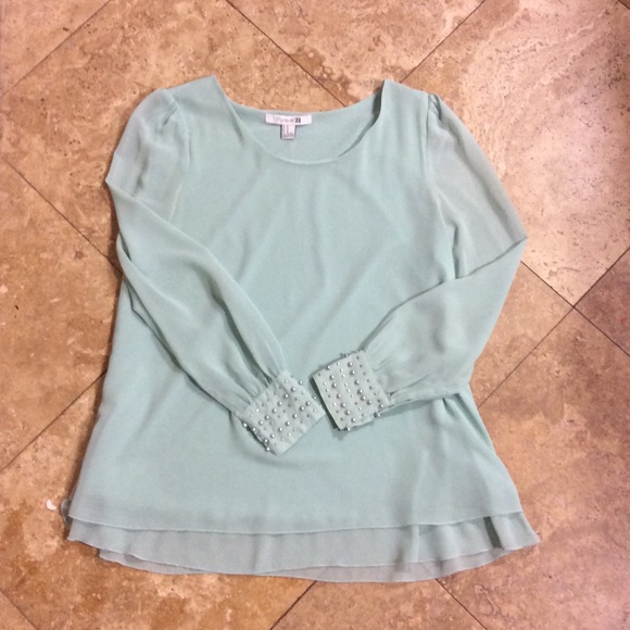 Mint green flowy blouse with beaded cuffs