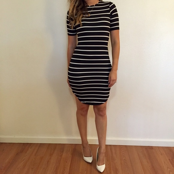 Black Striped Curved Hem Midi Dress - Picture 3 of 4